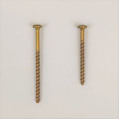 two gold colored screws on a white background