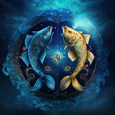 two large fish are in the middle of a blue circle with gold swirls on it