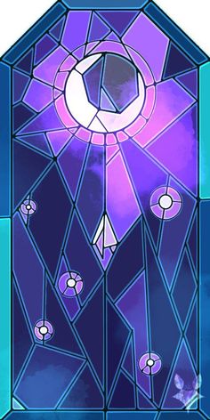 a stained glass window with an image of the sun and moon in purple, blue and pink