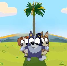 three cartoon dogs standing in front of a palm tree