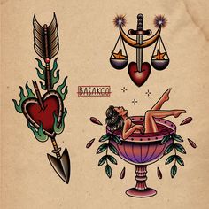 an old school tattoo flash sheet with tattoos on the side and in the middle, a woman laying down in a bathtub