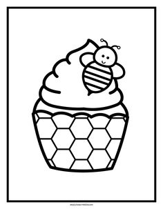 a cupcake with a bee on top and honeycombs in the bottom coloring page