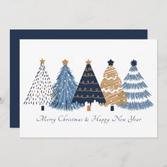 a card with three christmas trees on it