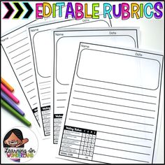 three printable rubrics with pencils and markers