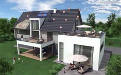 an artist's rendering of a modern house with solar panels on the roof and balcony