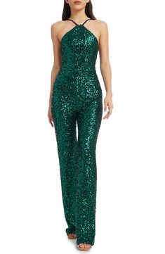 Emerald Jumpsuit, Coverall Jumpsuit, Sequin Halter, Holiday Attire, Sequin Jumpsuit, Halter Jumpsuit, Dress The Population, Sequin Fabric, Jumpsuit Fashion