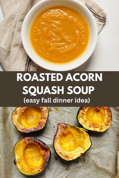 roasted acorn squash soup in a white bowl on top of parchment paper