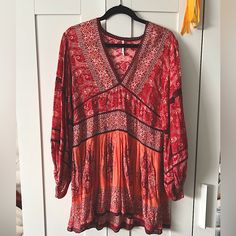 Free People Printed Dress Long Balloon Style Sleeves Loose Boho Style Intricate Style Size Small Red, Coral, Burgundy And White Color New Without Tags. Never Got A Chance To Wear It. Red Bohemian V-neck Mini Dress, Bohemian Red V-neck Mini Dress, Red Bohemian V-neck Dress, Red V-neck Bohemian Dress, Red Long Sleeve Printed Dress, Red V-neck Boho Print Dresses, Red V-neck Dress With Boho Print, Red V-neck Dresses With Boho Print, Red V-neck Boho Dress For Festival