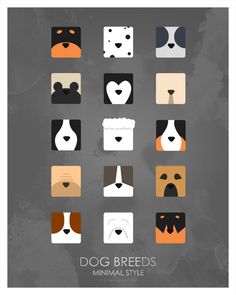 the dog breeds minimal style poster is shown in various colors and sizes, including brown, white