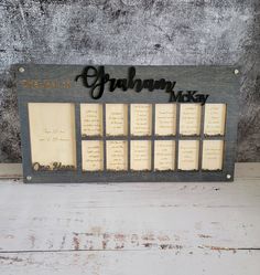 a family tree with the names and dates on it, hanging from a wooden frame