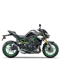 a black and green motorcycle on a white background