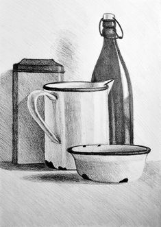 a black and white drawing of a coffee cup, bottle and container