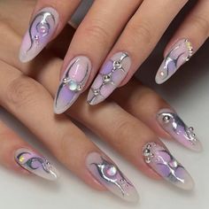 Calling all cyber and Y2K girlies 🛸 Checkout our giveaway reel — you won’t regret it 🤑 Browse NAILSAMI.com too 😉 (link in bio) #nailsinspo #nails #charms #nailsart #nailsami #giveaway #y2k #cybernails #futuristic #thankyou Purple And Silver Nails, Purple Chrome Nails, Aurora Nails, Purple Nail Designs, Purple Nail, Nails Polish, Metallic Nails