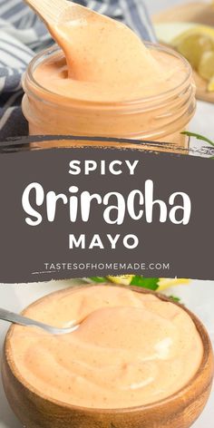 A jar of sriracha mayo with a small wooden spoon. Spicy Lemon Mayo, Sauces For Chicken Wraps, Sriracha Mayo Recipe, Sriracha Mayo Sauce, Chicken Spread, Spicy Mayo Recipe, Siracha Sauce, Yum Sauce, Mayo Recipe