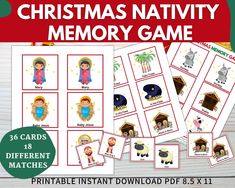 "Are you looking for a fun holiday memory game activity to play with your children at home or preschool? The Christmas Nativity Memory game is a quick, fun game to print and play within minutes.  It's perfect for a Jesus's birthday party activity or keeping the little ones occupied while you wrap presents. Choose to use just a few cards to start with your toddler and have the cards facing up so they can use them as a matching game.  Add in more cards and turn them face down for more challenging play for preschoolers. Not only are memory games fun to play, they provide a wonderful opportunity for children to practice visual discrimination and critical thinking skills. The cards come in 2 sizes.  There is a set of 2 inch x 2 inch cards and a set of 3 inch by 3 inch cards. I suggest printing Jesus Birthday Party, Christmas Letter From Santa, Game For Toddlers, Birthday Party Activity, Wrap Presents, Birthday Party Game, Footprint Craft, Christmas Games For Kids, Jesus Birthday