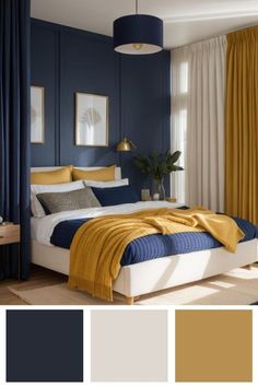 Dark Blue Gold Bedroom, Blue Gold White Bedroom, Royal Blue Bedrooms, Blue And Gold Bedroom, Blue Gray Bedroom, Student Bedroom, Blue Bedroom Walls, Dark Blue Bedrooms, Theme Dark