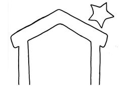 a nativity scene with a star above the manger, outlined in black and white