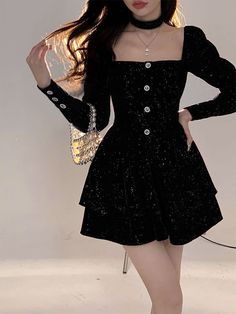 size: M, Color: Black Womens Velvet Dresses, Spring Dresses Women, Vintage Mini Dresses, Red Velvet Dress, Korean Dress, Long Sleeve Mini Dress, Velvet Dress, Pretty Dresses, Pretty Outfits