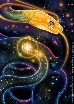 an artistic painting of a snake in the night sky