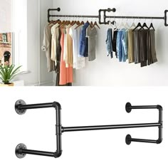 Made of black strong rustic malleable iron pipe, the pipe clothing rack holds up to 135 Lb, keeping your garments and accessories always organized and tidy. The industrial clothes bar is electroplated with protective coat to enhance corrosion protection and avoid rust accumulation. The industrial garment bar is easy to match with various decor styles such as farmhouse rustic and industrial vintage. You can use it in the laundry room, bedroom, entryway, clothes retail shop and so on. Wherever you Closet Organizers & Garment Racks, Bar Clothes, Ruangan Studio, Pipe Clothes Rack, Industrial Clothing, Closet Rods, Laundry Room Closet, Hanging Clothes Racks, Clothes Rod