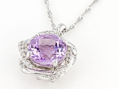 5.27ct Round Orchid Amethyst and 0.74ctw Round White Zircon Rhodium Over Silver Pendant With Chain. Measures Approximately 0.99"L X 0.75"W. 3mm bail. Lavender Fine Jewelry With Diamond Accents, Lavender Amethyst Jewelry With Diamond Accents, Lavender Fine Jewelry With Gemstone Accents, Fine Jewelry With Gemstone Accents In Lavender, Sliver Necklace, Lavender Amethyst, Dangle Necklaces, Pendant With Chain, Broken Chain