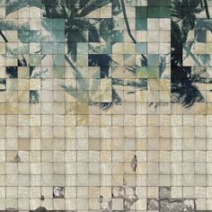 a tiled wall with flowers and leaves painted on the tiles in different shades of brown