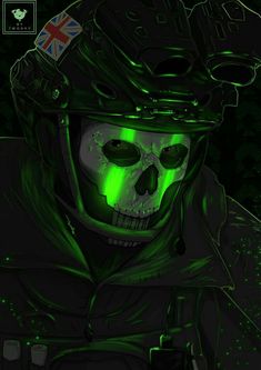 a skull wearing a helmet with green lights