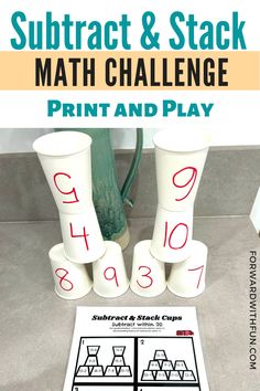 paper cups with numbers written on them balanced in a configuration above a paper that says subtract and stack cups showing multiple ways to stack the cups with subtraction equations on it Cup Stacking Game, Subtraction Facts Worksheet, Math Activities For Toddlers, Cup Stacking, Math Club, Subtraction Games, Math Subtraction, Subtraction Practice, Subtraction Activities