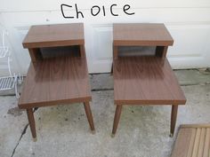 two end tables sitting next to each other on the sidewalk with words choice above them