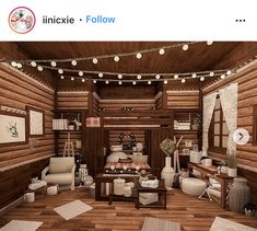 an image of a living room with wood paneling and string lights on the ceiling