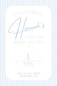 a blue and white card with a sailboat on it