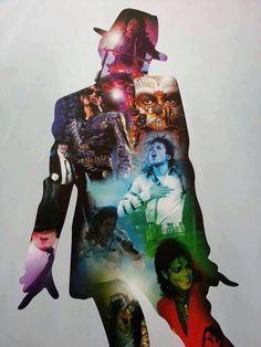 a collage of michael jackson's iconic photos is featured in this image with his name on it