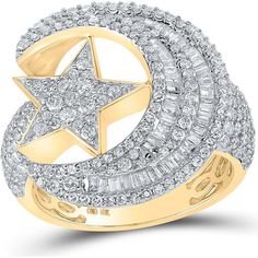 GND 10K Yellow Gold Crescent Moon and Star Ring with Channel Set Baguette and Prong Set Round Diamonds - 2-1/3 Carat Total Diamond Weight Moon Star Ring, Gold Crescent Moon, Moon And Star Ring, Moon And Star, Gold Moon, Yellow Tones, Diamond Star, Star Ring, Moon Star