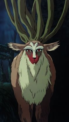 an animal with horns and glasses on it's head standing in the woods at night