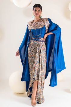 Royal Blue Pakistani Suit, Fitted Blue Outerwear For Designer Wear, Blue Fitted Outerwear For Designer Wear, Traditional Long Sleeve Cape, Draped Skirt Pattern, Asymmetric Cape, Women Kurta, Cape Style, Draped Skirt