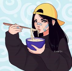 a woman eating noodles with chopsticks while wearing a yellow hat and black sweatshirt