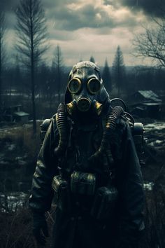 a man wearing a gas mask and goggles in front of a cloudy sky with trees