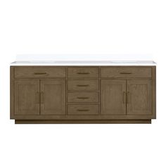 an image of a bathroom vanity with drawers and marble counter top in brown wood finish