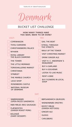 a pink and white checklist with the words denmark bucket list challenge