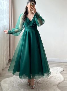 Gown Off-the-Shoulder Tulle Long Sleeves Long Prom Dresses Party Wear Gowns Western, Gown Western, Red Green Dress, Gaun Koktail, Dresses Pakistani, Green Wedding Dresses, Embroidered Dresses, Minimalist Dress