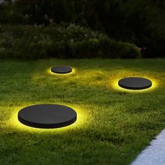 some lights that are on in the grass