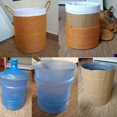 four different pictures of plastic containers with lids and handles on the bottom one is empty, the other has a blue bottle in it