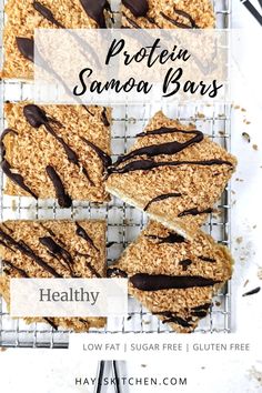 healthy protein bars with chocolate drizzled on top and the title above it