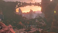 a screenshot of a sci - fi environment at sunset with lots of rocks and plants