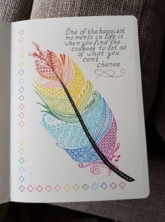 an open notebook with a colorful feather drawn on it's cover and the words, one of the happest things in life is when you have to do