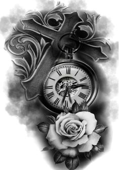 a tattoo design with a clock and rose