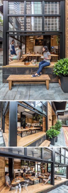 two pictures of people sitting on benches in front of a building with lots of windows