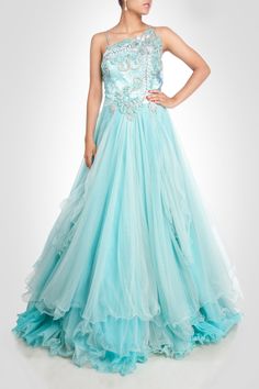 This stunning gown is in sky blue color. Three layers of net giving it stunning look. Inner layer is made of satin silk. Yoke is made of zardozi work in silver color. Customization accepted. Made to order Sky Blue Gown, Pastel Gown, Indowestern Dresses, Western Gowns, Indo Western Gown, Net Gowns, Indian Wedding Gowns, Zardozi Work, Designer Store