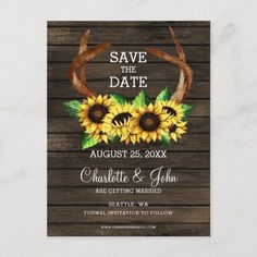 save the date card with sunflowers and antlers