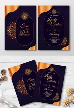 two wedding cards with gold and black designs on them, one is for the bride